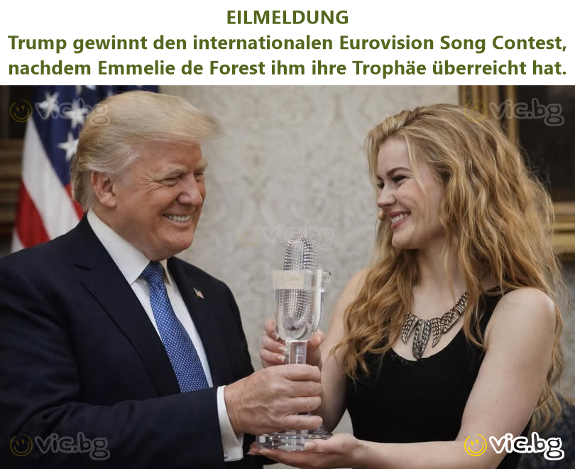 EILMELDUNG Trump gewinnt den internationalen Eurovision Song Contest, nachdem Emmelie de Forest ihm ihre Trophäe überreicht hat.