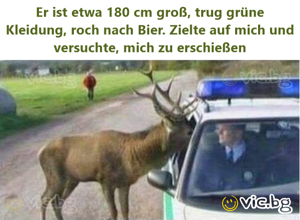 Er ist etwa 180 cm groß, trug grüne Kleidung, roch nach Bier. Zielte auf mich und versuchte, mich zu erschießen