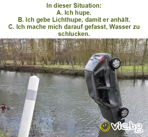 In dieser Situation:
A. Ich hupe.
B. Ich gebe Lichthupe, damit er anhält.
C. Ich mache mich darauf gefasst, Wasser zu schlucken.