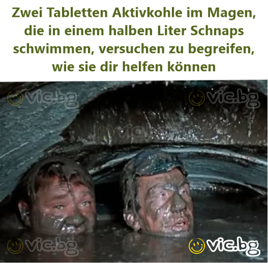 Zwei Tabletten Aktivkohle im Magen, die in einem halben Liter Schnaps schwimmen, versuchen zu begreifen, wie sie dir helfen können