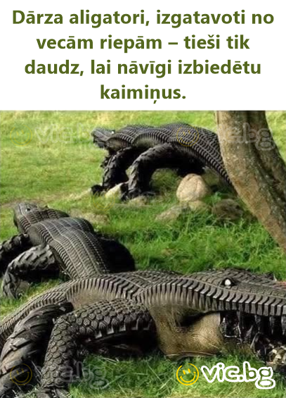 Dārza aligatori, izgatavoti no vecām riepām – tieši tik daudz, lai nāvīgi izbiedētu kaimiņus.