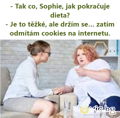 - Nu, Sofija, kā iet ar diētu? - Grūti, bet turu sevi rokās… pagaidām atsakos no sīkdatnēm internetā.