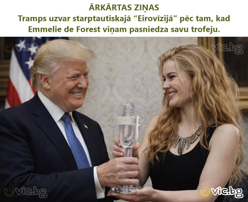 ĀRKĀRTAS ZIŅAS Tramps uzvar starptautiskajā “Eirovīzijā” pēc tam, kad Emmelie de Forest viņam pasniedza savu trofeju.