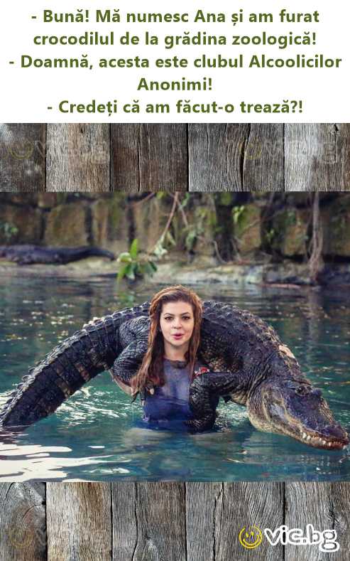 - Bună! Mă numesc Ana și am furat crocodilul de la grădina zoologică! - Doamnă, acesta este clubul Alcoolicilor Anonimi! - Credeți că am făcut-o trează?!
