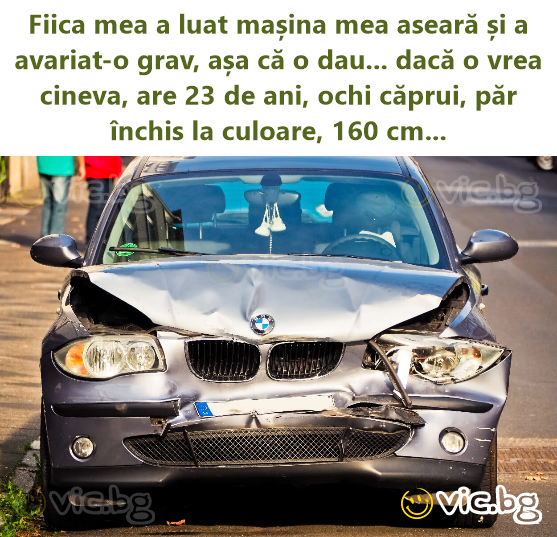 Fiica mea a luat mașina mea aseară și a avariat-o grav, așa că o dau... dacă o vrea cineva, are 23 de ani, ochi căprui, păr închis la culoare, 160 cm...
