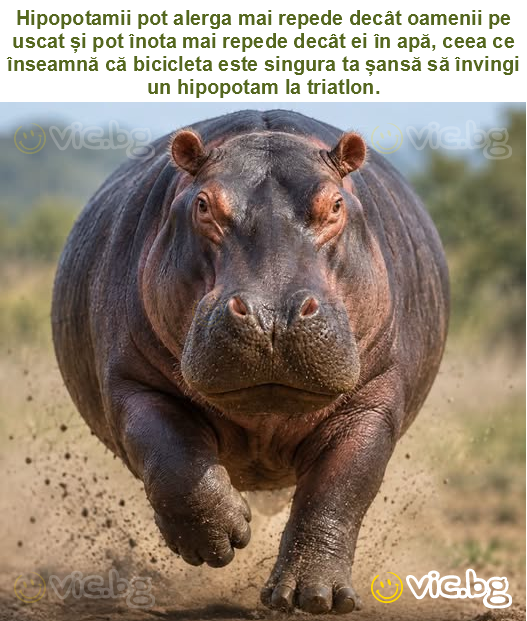 Hipopotamii pot alerga mai repede decât oamenii pe uscat și pot înota mai repede decât ei în apă, ceea ce înseamnă că bicicleta este singura ta șansă să învingi un hipopotam la triatlon.