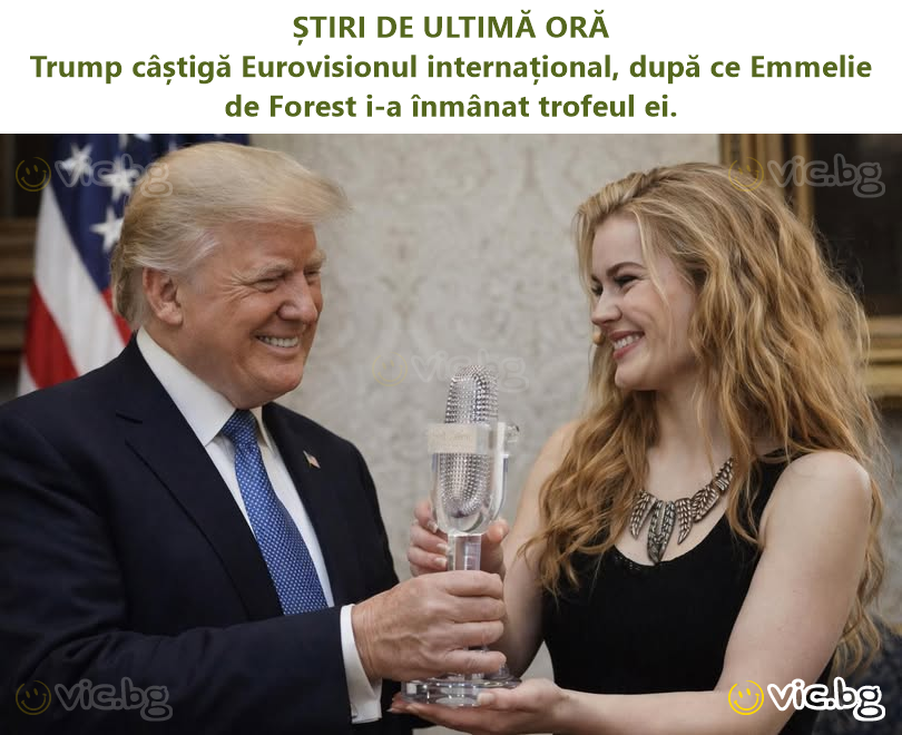 ȘTIRI DE ULTIMĂ ORĂ Trump câștigă Eurovisionul internațional, după ce Emmelie de Forest i-a înmânat trofeul ei.