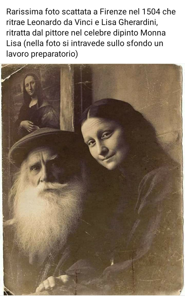 Rarissima foto scattata a Firenze nel 1504 che ritrae Leonardo da Vinci e Lisa Gherardini, ritratta dal pittore nel celebre dipinto Monna Lisa (nella foto si intravede sullo sfondo un lavoro...
