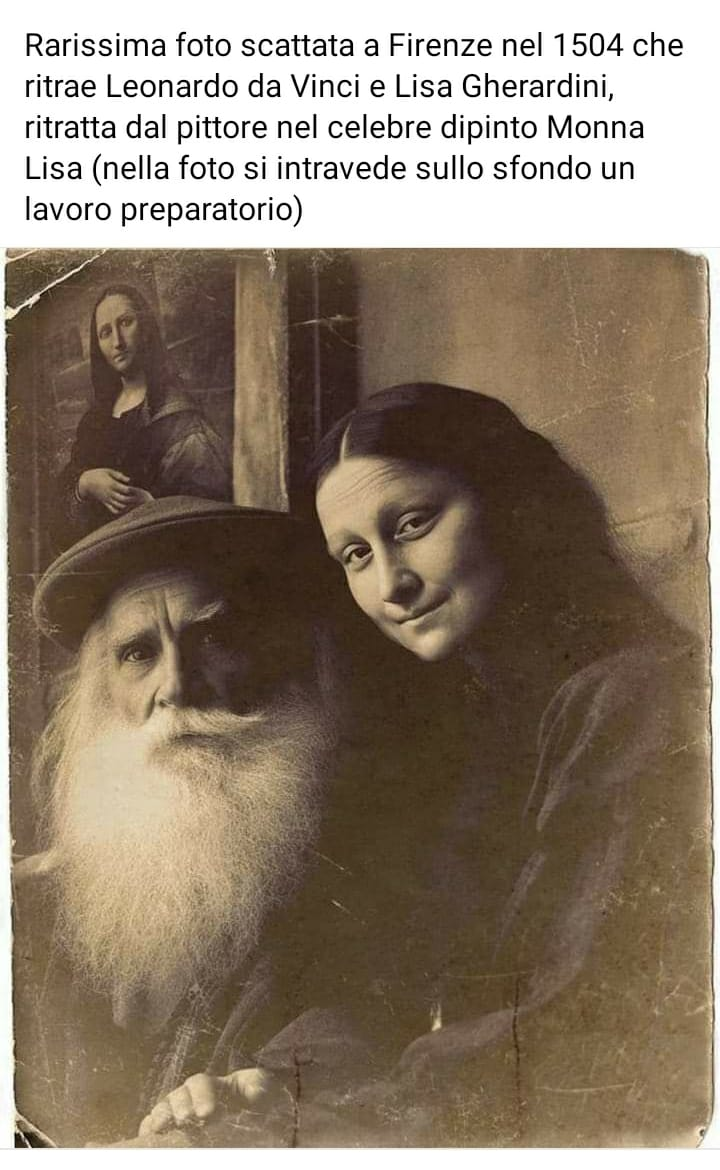 Rarissima foto scattata a Firenze nel 1504 che ritrae Leonardo da Vinci e Lisa Gherardini, ritratta dal pittore nel celebre dipinto Monna Lisa (nella foto si intravede sullo sfondo un lavoro preparato