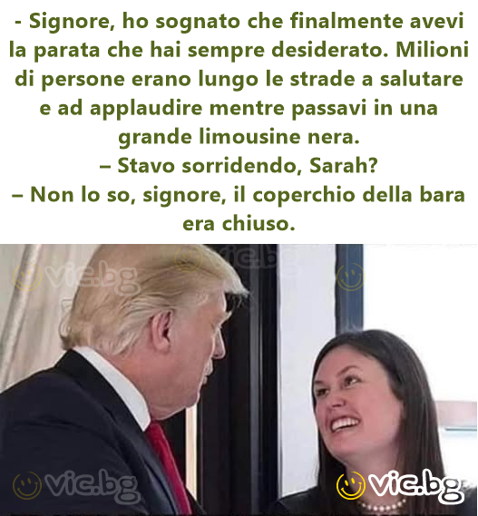- Signore, ho sognato che finalmente avevi la parata che hai sempre desiderato. Milioni di persone erano lungo le strade a salutare e ad applaudire mentre passavi in una grande limousine nera. – Stavo...