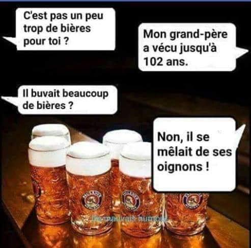 C'est pas un peu trop de bières pour toi ? Mon grand-père a vécu jusqu'à 102 ans. Il buvait beaucoup de bières ? Non, il se mêlait de ses oignons !