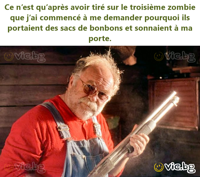 Ce n’est qu’après avoir tiré sur le troisième zombie que j’ai commencé à me demander pourquoi ils portaient des sacs de bonbons et sonnaient à ma porte.