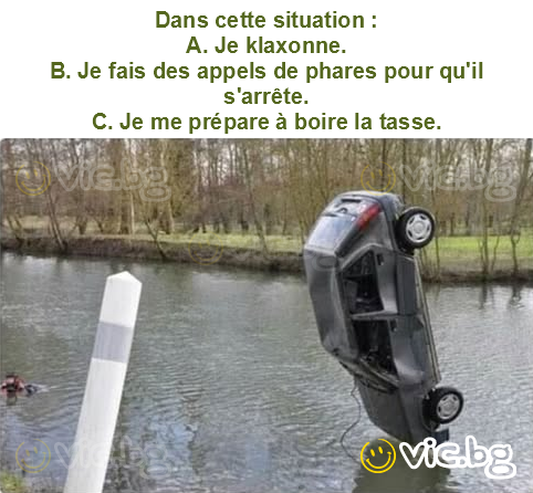 Dans cette situation :
A. Je klaxonne.
B. Je fais des appels de phares pour qu'il s'arrête.
C. Je me prépare à boire la tasse.