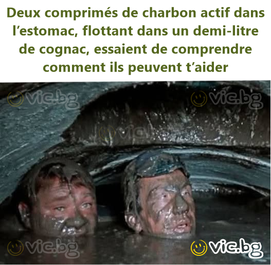 Deux comprimés de charbon actif dans l’estomac, flottant dans un demi-litre de cognac, essaient de comprendre comment ils peuvent t’aider