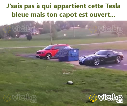 J'sais pas à qui appartient cette Tesla bleue mais ton capot est ouvert...