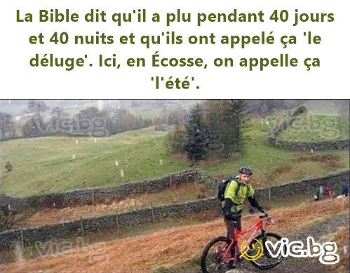 La Bible dit qu'il a plu pendant 40 jours et 40 nuits et qu'ils ont appelé ça 'le déluge'. Ici, en Écosse, on appelle ça 'l'été'.