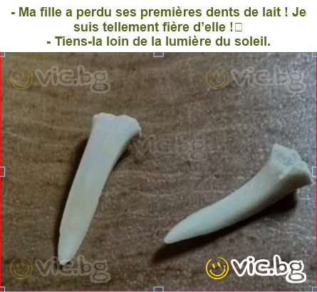 - Ma fille a perdu ses premières dents de lait ! Je suis tellement fière d’elle !
- Tiens-la loin de la lumière du soleil.