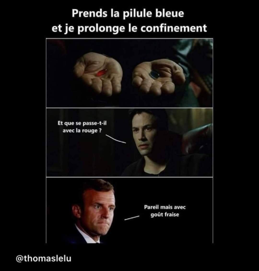Prends la pilule bleue et je prolonge le confinement Et que se passe-t-il avec la rouge Pareil mais avec gout fraise