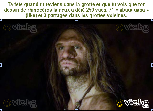 Ta tête quand tu reviens dans la grotte et que tu vois que ton dessin de rhinocéros laineux a déjà 250 vues, 71 « abugugaga » (like) et 3 partages dans les grottes voisines.