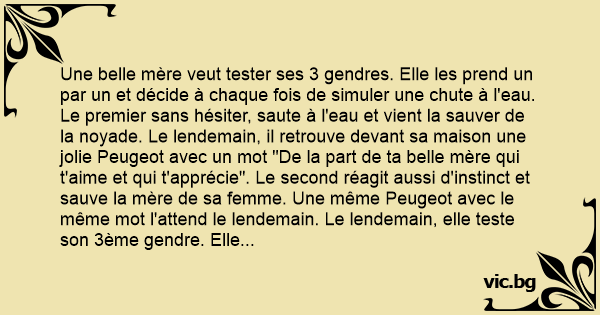 Une Belle Mère Veut Tester Ses 3 Gendres Elle Les Prend Un Par Un Et Décide à Chaque Fois De 