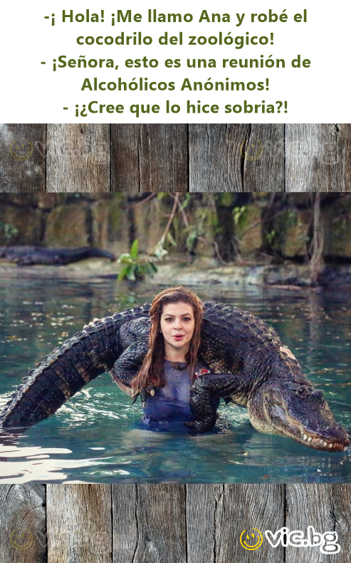 -¡ Hola! ¡Me llamo Ana y robé el cocodrilo del zoológico! - ¡Señora, esto es una reunión de Alcohólicos Anónimos! - ¡¿Cree que lo hice sobria?!