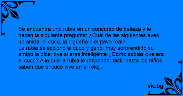 Se Encuentra Una Rubia En Un Concurso De Belleza Y Le Hacen La Siguiente Pregunta Cual De Las Siguientes Aves No Anida El Cuco La Ciguena O El Pavo Real La Rubia