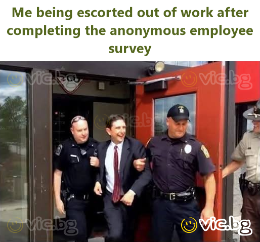 Yo siendo escoltado fuera del trabajo después de completar la encuesta anónima de empleados