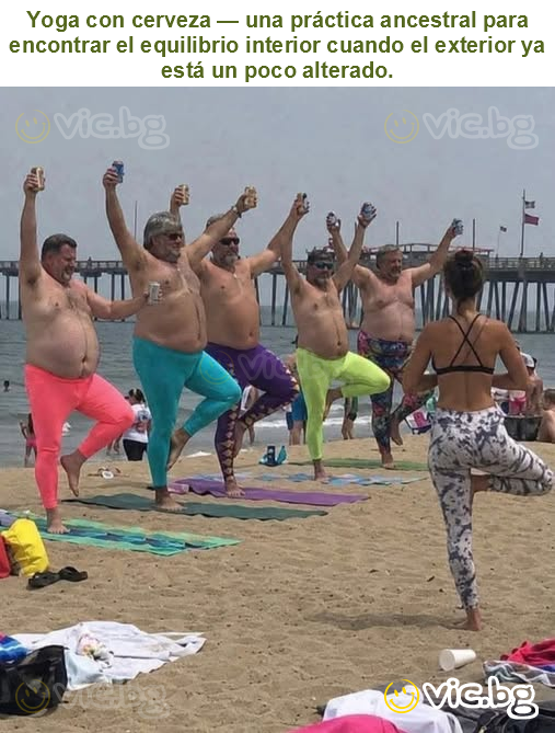 Yoga con cerveza — una práctica ancestral para encontrar el equilibrio interior cuando el exterior ya está un poco alterado.