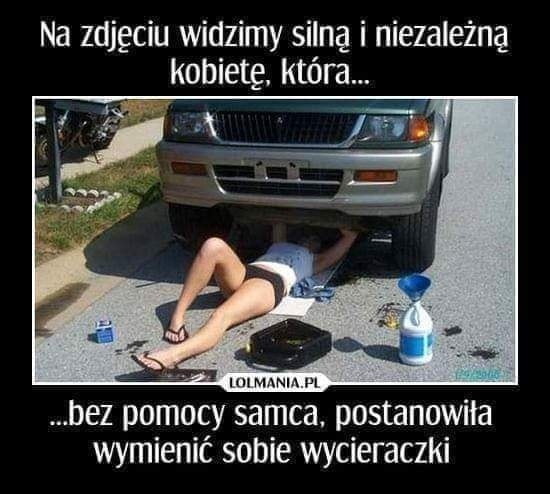 Na zdjeciu widzimy silna i niezalezna kobiete, która...  Bez pomocy samca, postanowita wymienic sobie wycieraczki
