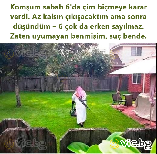 Komşum sabah 6'da çim biçmeye karar verdi. Az kalsın çıkışacaktım ama sonra düşündüm – 6 çok da erken sayılmaz. Zaten uyumayan benmişim, suç bende.