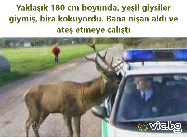 Yaklaşık 180 cm boyunda, yeşil giysiler giymiş, bira kokuyordu. Bana nişan aldı ve ateş etmeye çalıştı