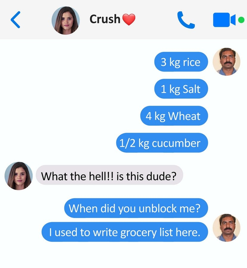 3 kg rice, 1 kg Salt, 4 kg Wheat, 1/2 kg cucumber. What the hell!! is this dude? When did you unblock me? I used to write grocery list here.
