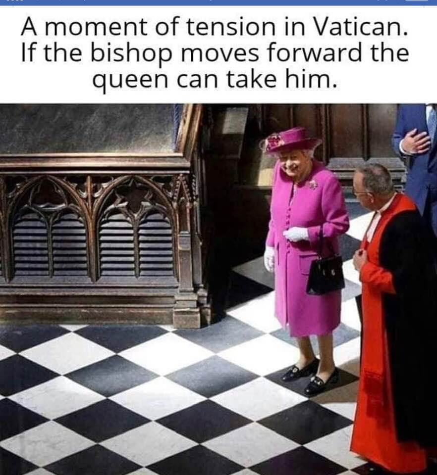 A moment of tension in Vatican. If the bishop moves forward the queen can take him