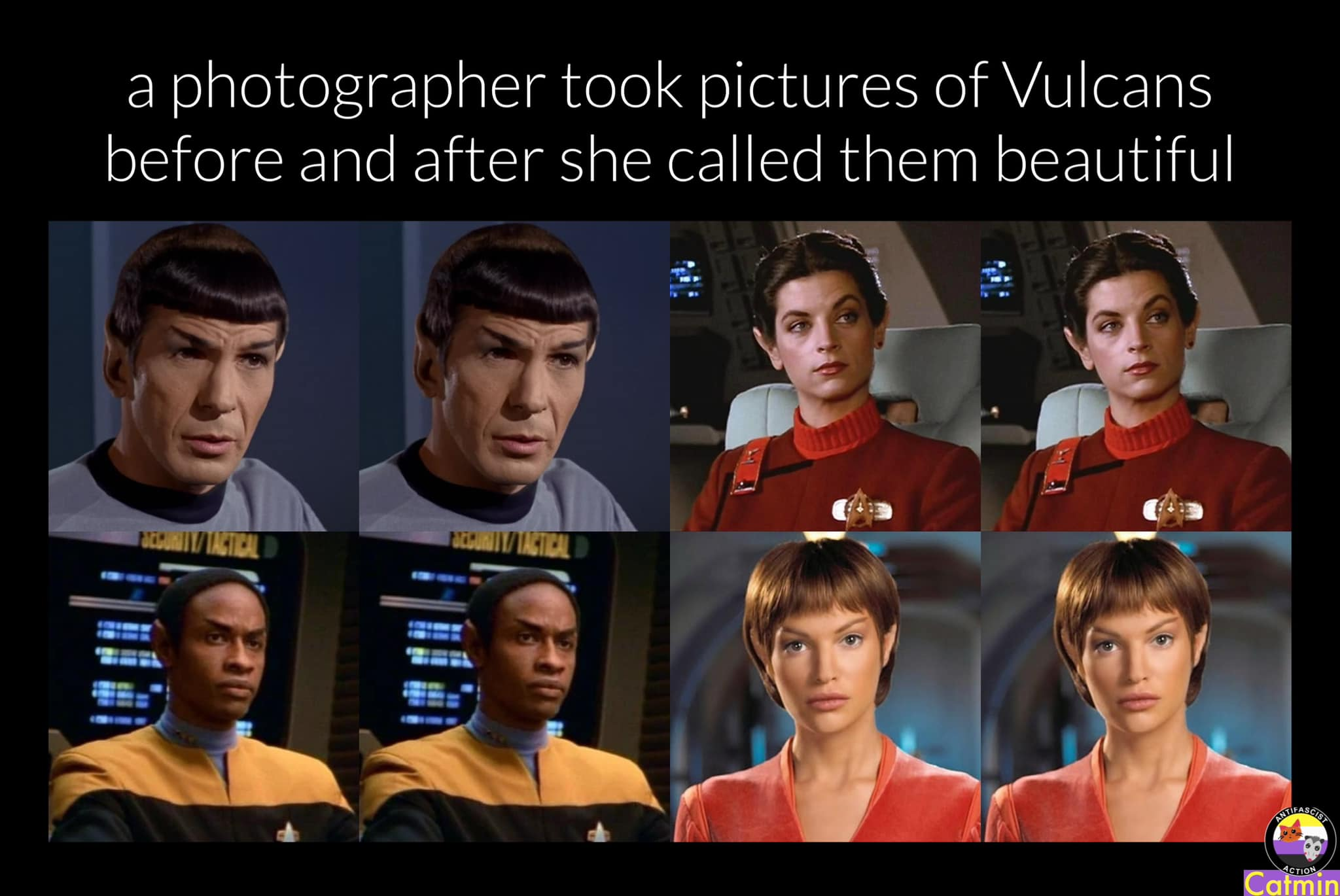 A photographer took pictures of Vulcans before and after she called them beautiful