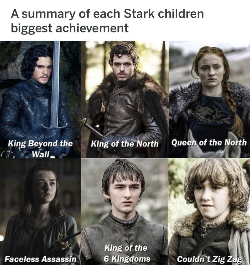 A summary of each Stark children biggest achievement: King Beyond the wall. King of the North. Queen of the North. King of the 6 Kingdoms. Faceless Assassin. Couldn't Zig Zag.
