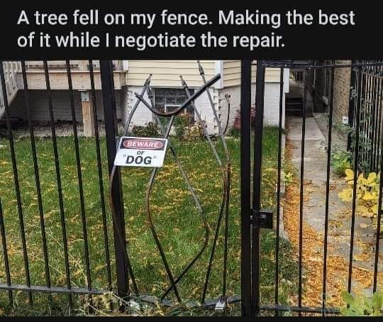 A tree fell on my fence. Making the best of it while I negotiate the repair. Beware of "dog"