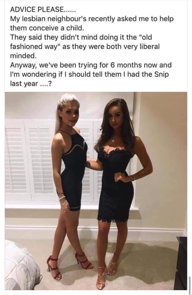 ADVICE PLEASE... My lesbian neighbor's recently asked me to help them conceive a child. They said they didn't mind doing it the "old fashioned way" as they were both very liberal minded. Anyway, we've...