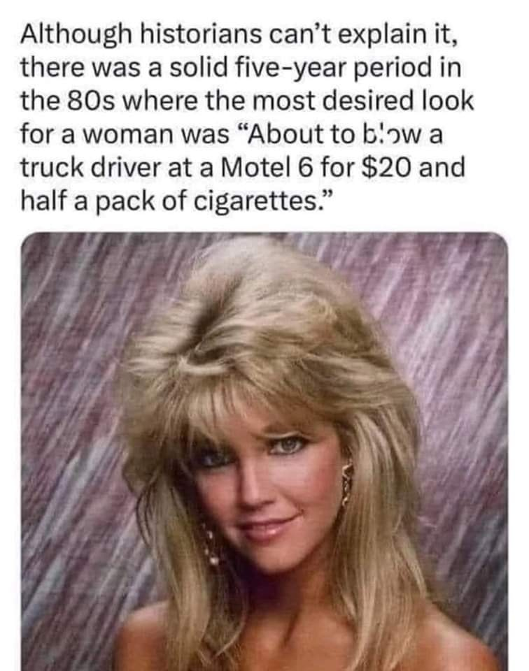 Although historians can't explain it, there was a solid five-year period in the 80s where the most desired look for a woman was "About to b'ow a truck driver at a Motel 6 for $20 and half a pack of...