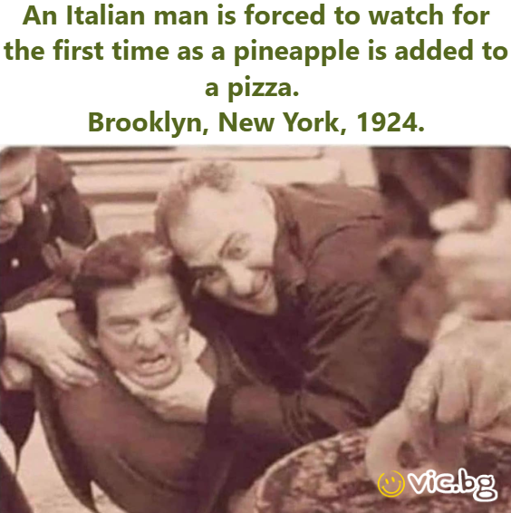 An Italian man is forced to watch for the first time as a pineapple is added to a pizza.  Brooklyn, New York, 1924.