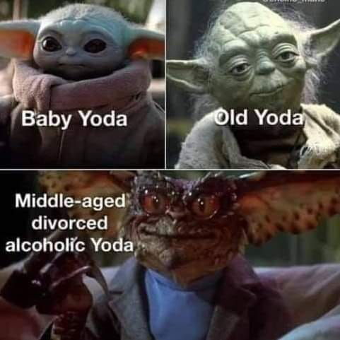 Baby Yoda	 Old Yoda  Middle-aged divorced alcoholic Yoda