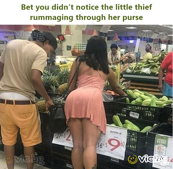 Bet you didn’t notice the little thief rummaging through her purse