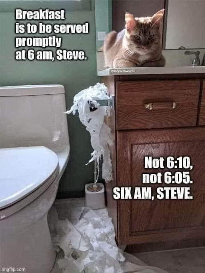 Breakfast Is to be served promptly at 6am, Steve. Not 6:10, not 6:05. six am, Steve.