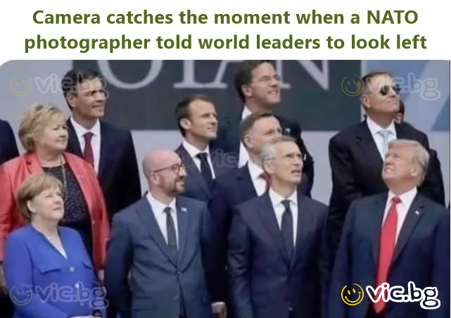 Camera catches the moment when a NATO photographer told world leaders to look left