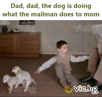 Dad, dad, the dog is doing what the mailman does to mom