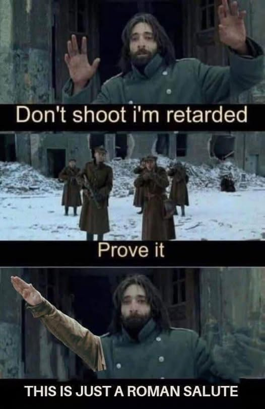 Don't shoot i'm rетаrdеd. Prove it. This is just a roman salute.