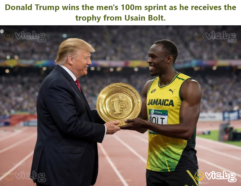 Donald Trump wins the men's 100m sprint as he receives the trophy from Usain Bolt.