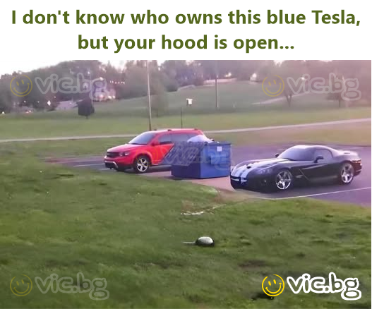 I don't know who owns this blue Tesla, but your hood is open...