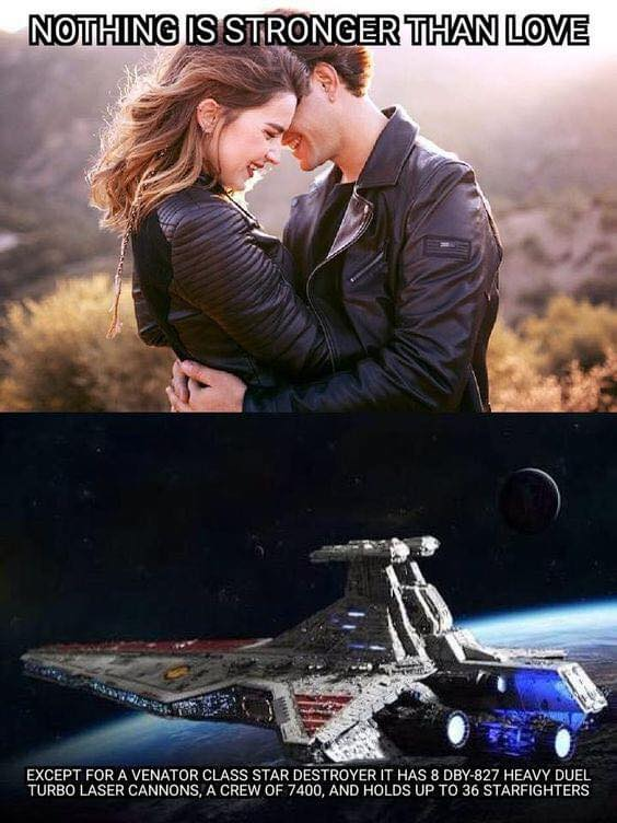 Nothing is stronger than love, except for a venator class star destroyer it has 8 dby-827 heavy duel turbo laser cannons. A crew of 7400, and holds up to 36 starfighters