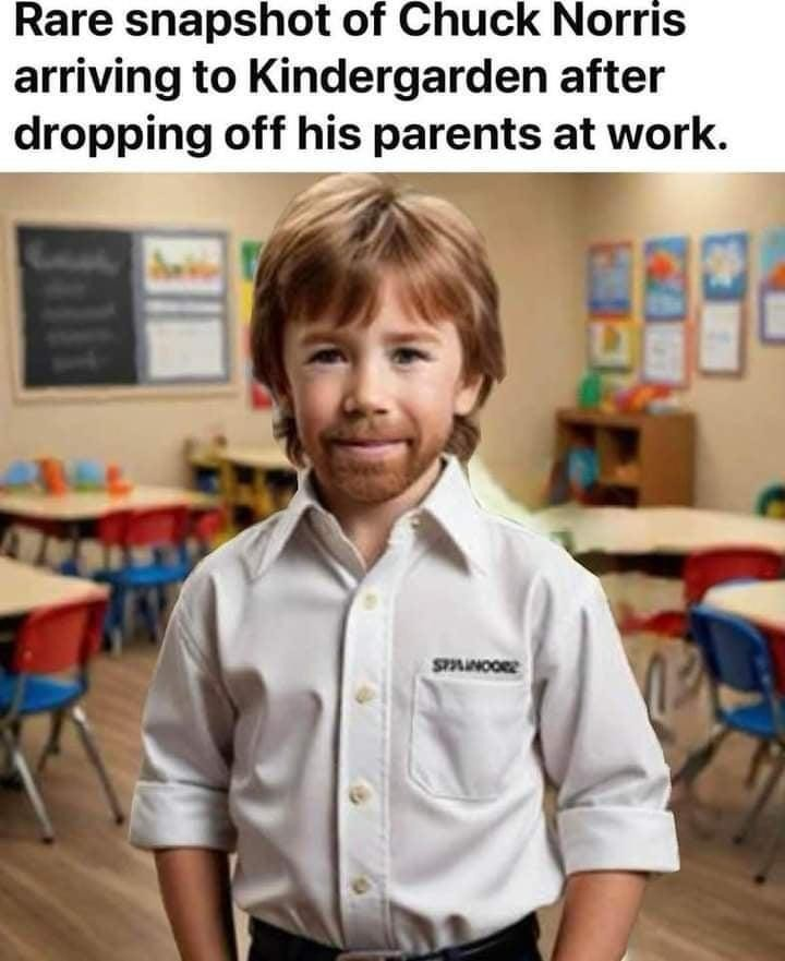 Rare snapshot of Chuck Norris arriving to Kindergarden after dropping off his parents at work. 