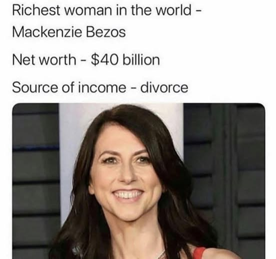 Richest woman in the world - Mackenzie Bezos Net worth - $40 billion Source of income - divorce
